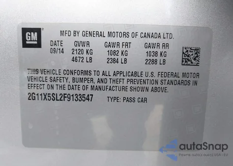 2015 Chevrolet Impala 1Fl z USA, uszkodzony, nr VIN 2G11X5SL2F9133547